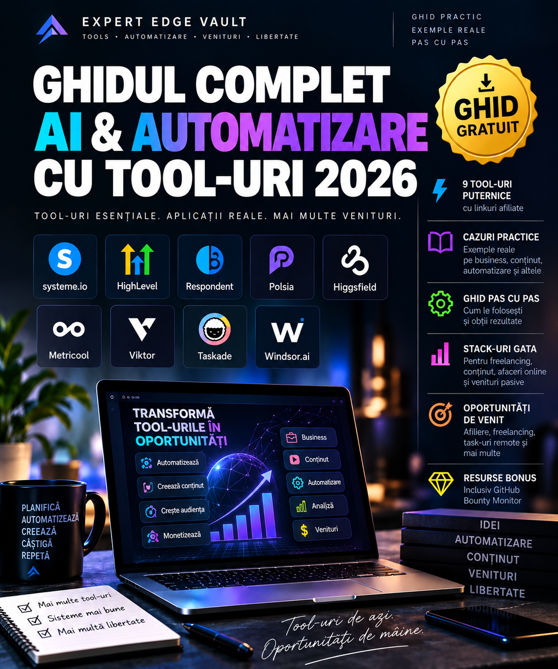 Ghid AI & Automatizare 2026 GRATIS  – 9+ Tool-uri pentru Business, Conținut și Venit Online